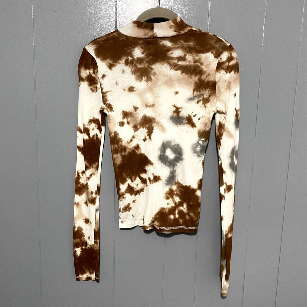 Zara Brown Tie Dye Thin Mock Neck Long Sleeve Boho Western Fitted Top M - Picture 6 of 7